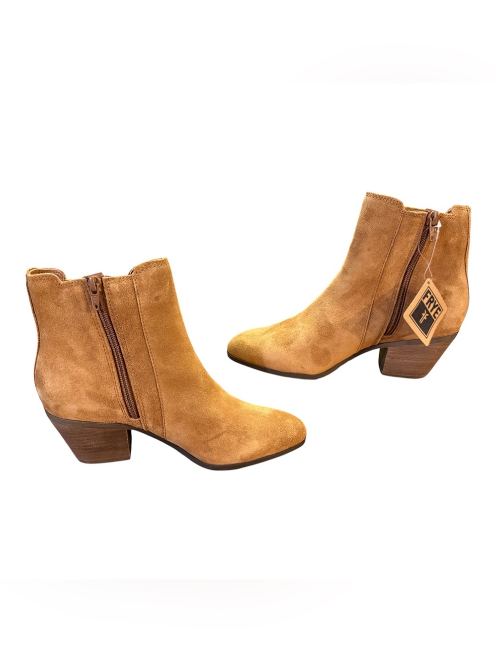 Frye Sandra Suede Chelsea Ankle Boots Cognac Brown Stacked Block Heel Size 7.5 - Picture 5 of 13